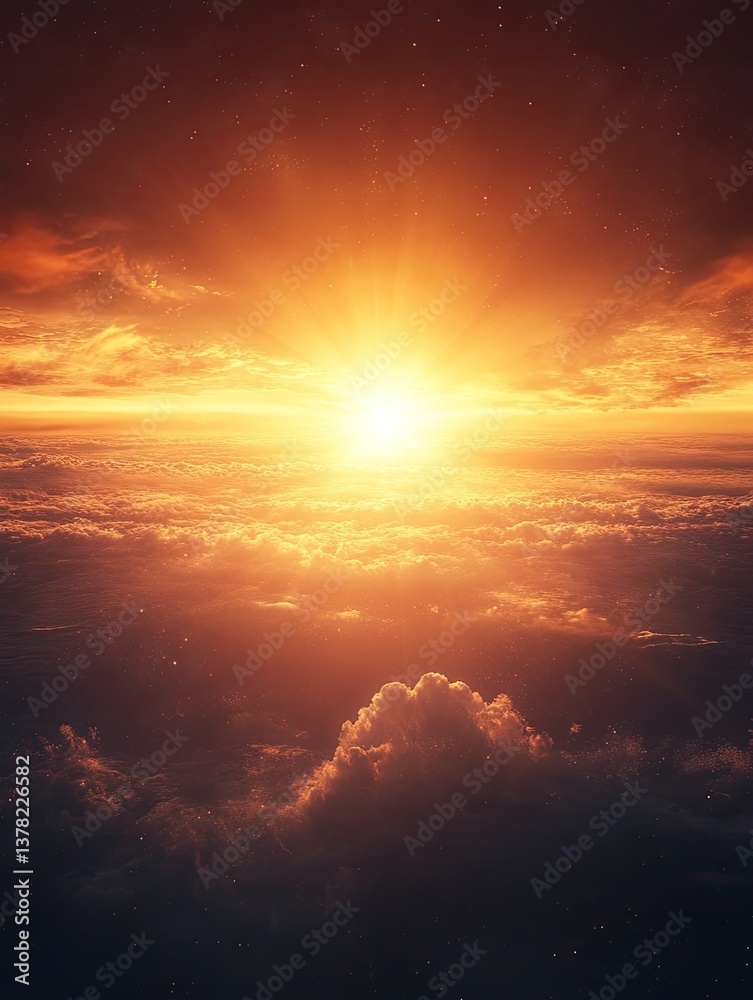 Fototapeta premium Golden Sunrise Over Clouds Sky Above the World Shining Light