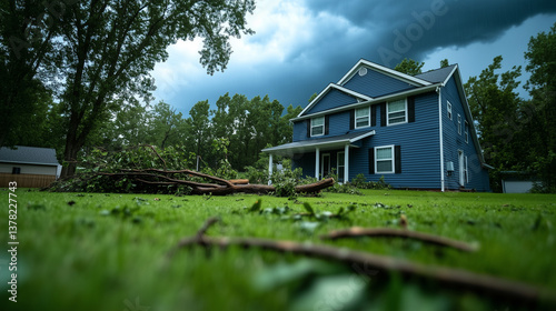 A serene blue suburban house with a massive fallen oak tree crushing part of its roof, broken branches scattered across the lawn, with storm clouds looming in the background