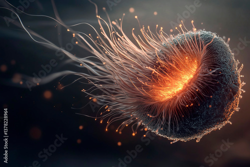 A highly detailed E. coli bacterium, its rod-shaped body covered in fine hair-like pili, glowing softly under dramatic lighting, deep black background, hyperrealistic National Geographic microbiology  photo