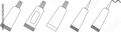 Tube, container, toothpaste, cream icon set. Cosmetic ointment plastic, hand cream packaging vector template isolated background. Adhesive superglue gel tube, eye lash glue package blank, long.