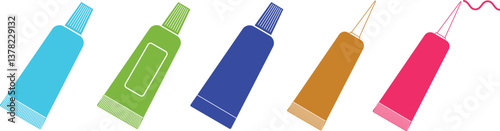 Tube, container, toothpaste, cream icon set. Cosmetic ointment plastic, hand cream packaging vector template isolated background. Adhesive superglue gel tube, eye lash glue package blank, long.