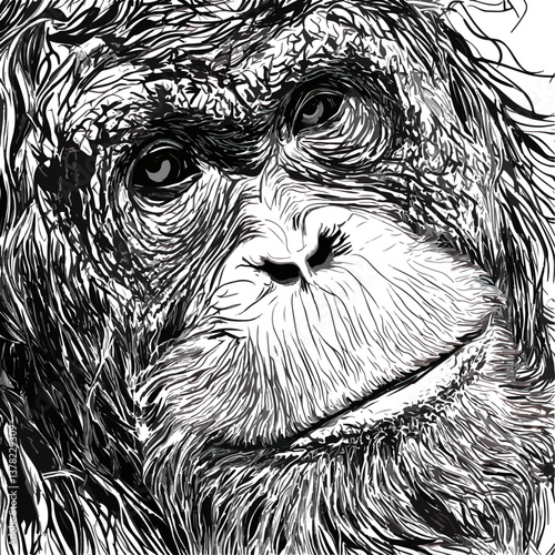 Orangutan, animal, black and white style, vector, transparent background