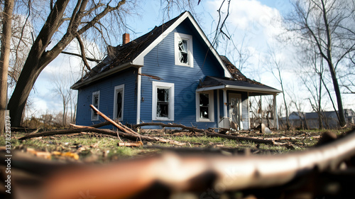 A scenic blue cottage-style home partially covered by fallen tree branches, its windows shattered and the front porch visibly damaged photo
