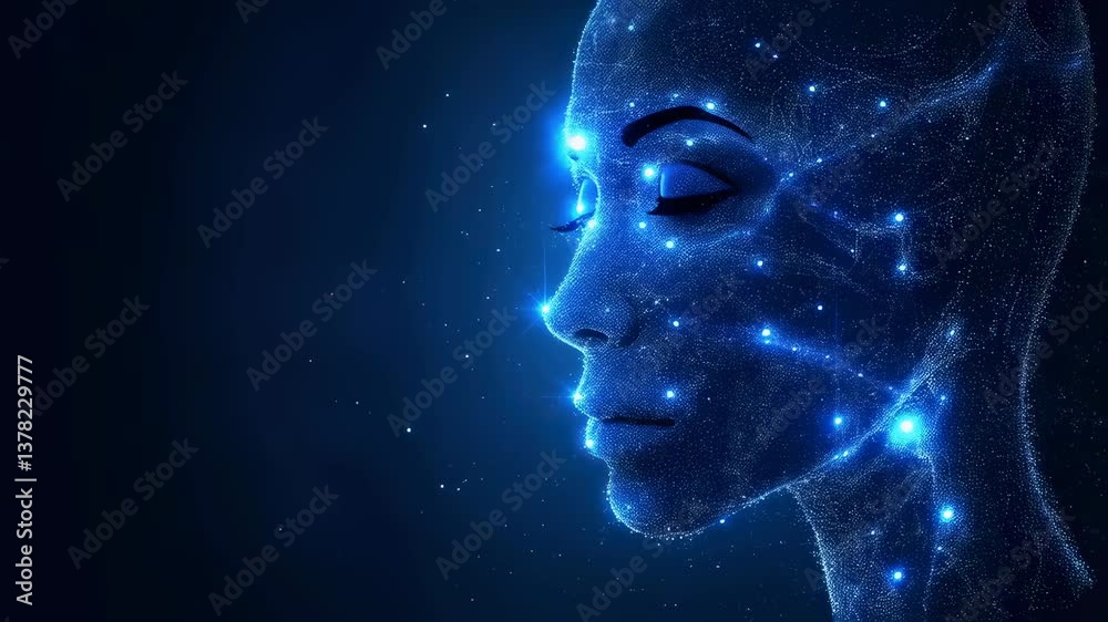 Woman's face formed by digital particles on dark blue background motion footage. Technology and ai concept clip. Futuristic design and innovation video. Woman's face formed by digital particles on dark blue background motion footage. Technology and ai concept clip. Futuristic design and innovation video.
