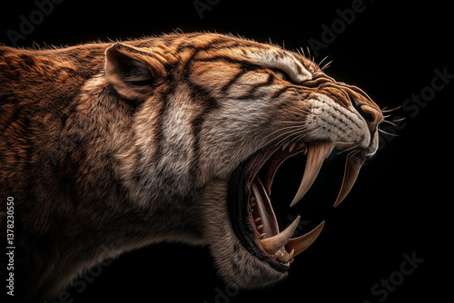 A Smilodon (saber-toothed tiger) snarling, its massive fangs and thick fur illuminated in dramatic lighting, ultra-detailed close-up, deep black background, National Geographic prehistoric portrait