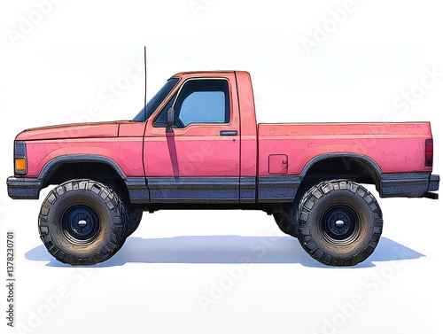 Pink Pickup Truck with Off-Road Tires in Side View, Vintage Style Illustration for Automotive Enthusiasts and Lifestyle Imagery