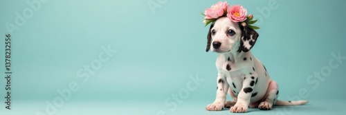Innocent spotted Dalmatian puppy wearing flower crown and sitting, white background, purity