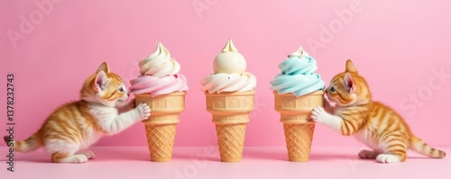 light pink background with filled ice cream cones and kittens playing, modern design, ice cream