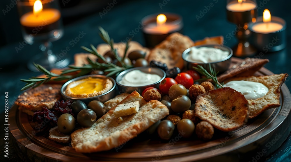 Fototapeta premium A mezze platter featuring hummus, baba ganoush, falafel, olives, pita, and tzatziki, arranged on a round wooden board with olive branches and olive oil