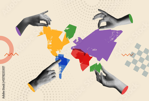 Colorful abstract world map and hands in retro collage vector illustration