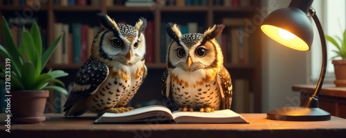 Owl sitting at a desk with books and a lamp on a table, surrounded by soft shadows, owl perches, bookworm