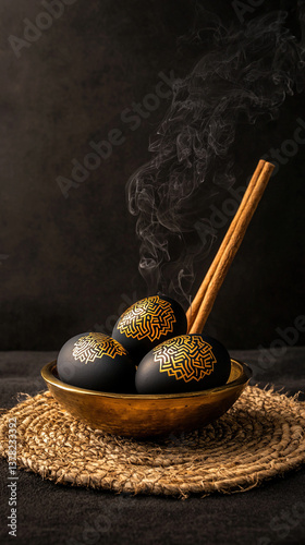 Orthodox Easter eggs with gold labyrinth motifs, brass censer and candles on wool rug, monastic charcoal-gray cultural scene
