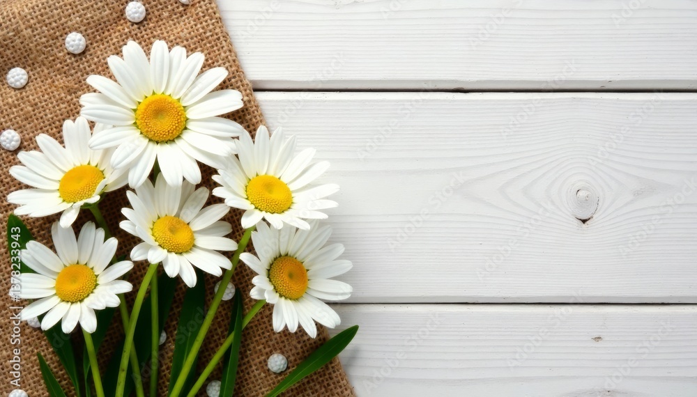 Obraz premium Row of white daisies on a burlap tablecloth with polka dot accents and whitewashed wooden planks surrounding it, floral arrangement, white flowers