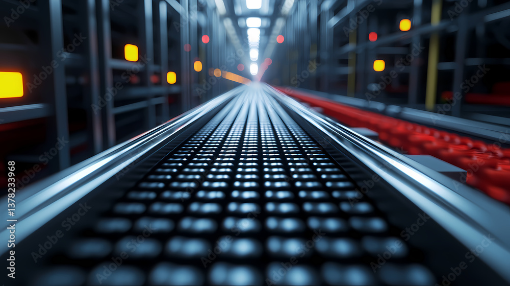 Fototapeta premium A futuristic conveyor system in a dimly lit industrial setting, featuring sleek lines and illuminated controls.