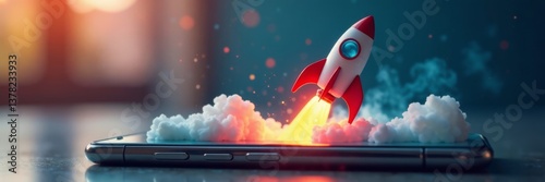 Rocket on cell phone screen with blurred background , generative ai, online business