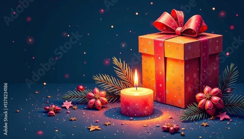 Simple yet elegant continuous line drawing of a Christmas gift surrounded by a warm candlelight, gift, design
