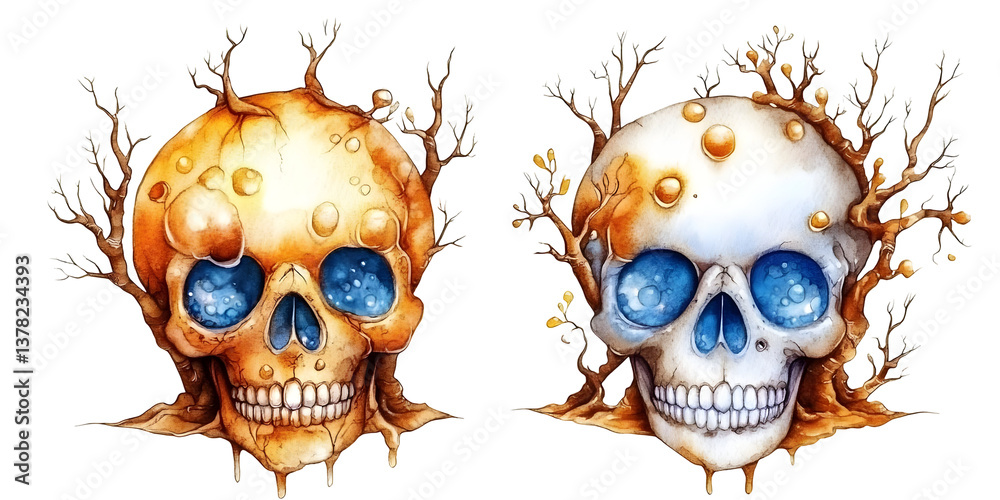 Naklejka premium Illustration of Two Skulls with Blue Eyes and Tree Branches Isolated