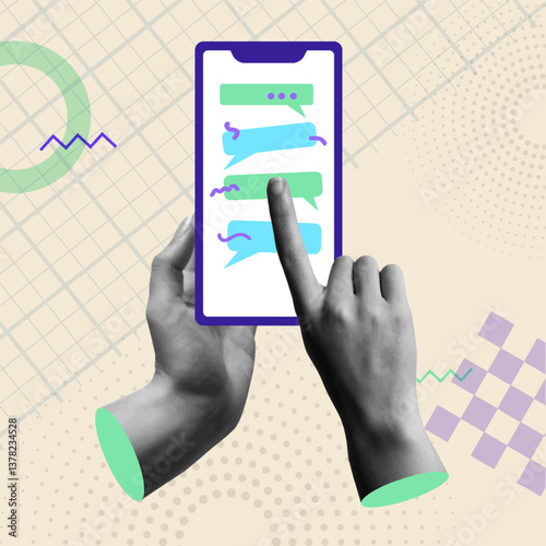 Mobile chat communication with hands in retro collage vector illustration