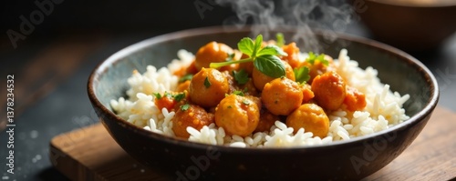 Steaming bowl of warm Chana Masala with basmati rice , chickpea curry, indian comfort food