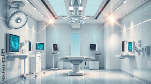 Medical room with hi tech monitors and medical meds. Innovation in the industry, inventions and healthcare concept. 