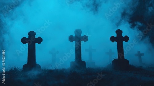 Mysterious graveyard scene nighttime digital art foggy environment atmospheric view haunting concept
