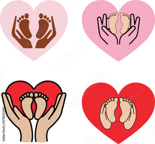 Mom holding baby feet with heart shape hands clip art icon vector design.