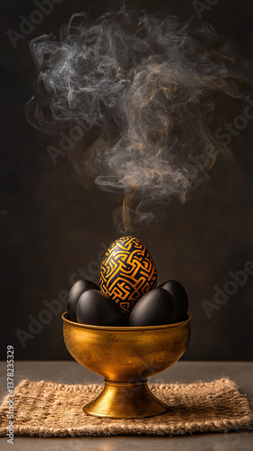 Orthodox Easter eggs with gold labyrinth motifs, brass censer and candles on wool rug, monastic charcoal-gray cultural scene
