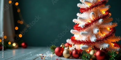 White Christmas tree with red and gold garlands, surrounded by festive decorations , christmas, festive
