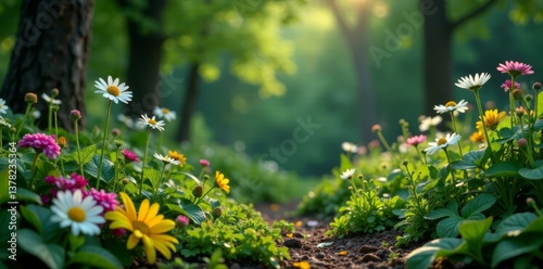 Witch's garden with mandrake, chamomile and other herbs, magic, spellbook