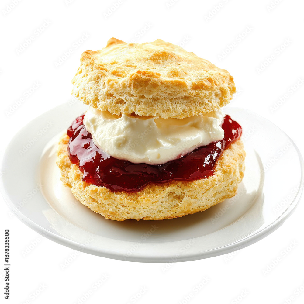 Scone topped with sweet jam and clotted cream on a white plate against a clean background, Scone with jam and clotted cream, Transparent background Scone topped with sweet jam and clotted cream on a white plate against a clean background, Scone with jam and clotted cream, Transparent background