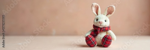 Adorable handmade rabbit in plaid with booties on soft background, rabbit, handmade