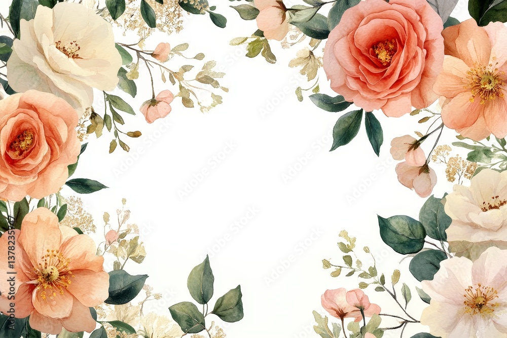 Watercolor floral frame with warm-toned roses and greenery for invitation or branding