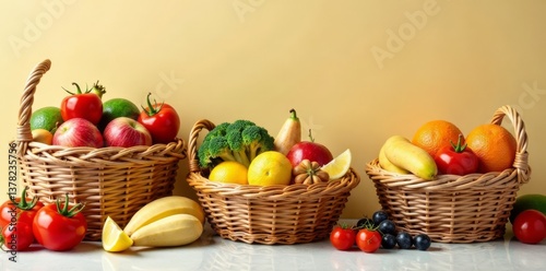 Baskets filled with various food items on a plain background, kitchen essentials, aisle