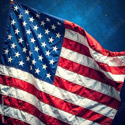 American flag with intricate details against a dark blue background, banner, american