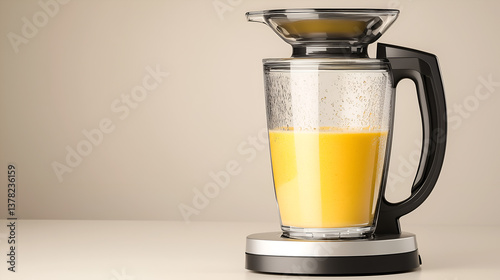 the image showcases an electric juicer with a glass container filled with fresh, vibrant orange juice