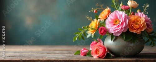 Delicate floral arrangement on a wooden table, top view, feminine wedding stationery