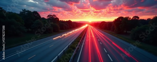 Distorted shapes of speeding cars on a rural motorway at dusk , rural road, highway