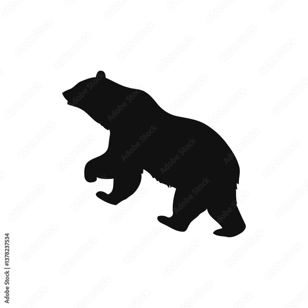 Fototapeta premium A black and white vector silhouette of a roaring bear with its mouth open wide on a white background