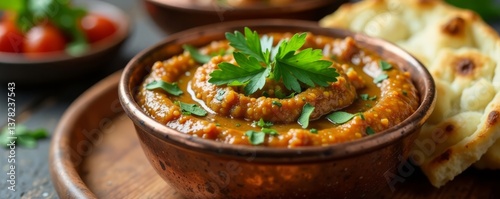 Eggplant and parsley dip served in a small copper bowl with naan bread on the side, indian dip, parsley