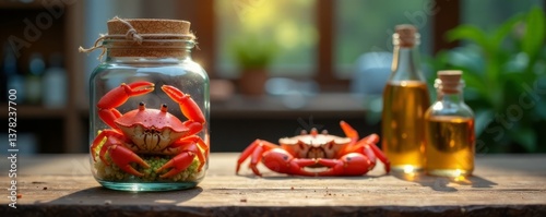 Empty glass jar on wooden table with crab specimen and bottles , shelf, marine life