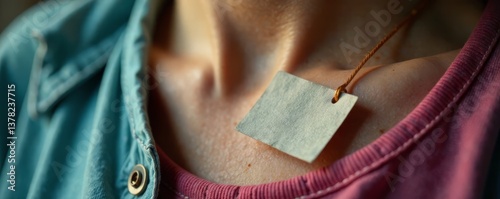Empty label on neck with thread hanging loose, thread loop, plain label