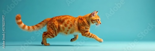 Feline agility with vibrant orange fur, fluid motion against a calm blue background, movement, bold