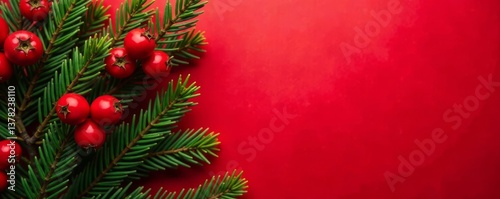 Fir branches with red berries against a bright red background, festive and celebratory atmosphere , Red Background, Rowan Berries