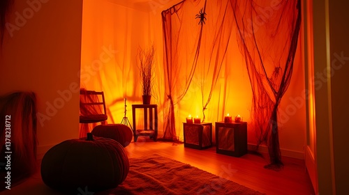 Room decorated with dim orange lighting spider webs and scary props for a haunted look