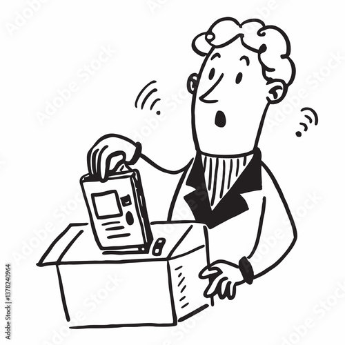 Surprised man unboxing electronic device in black and white sketch. Cashier 