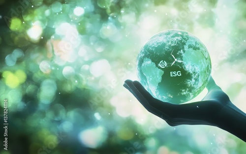 A hand holds a glowing globe, symbolizing sustainable development.  The image emphasizes environmental consciousness and responsible practices
