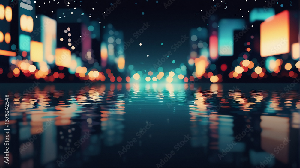 Fototapeta premium City lights blur and glow in the dark night, reflecting on the water below. Buildings line the waterfront in a vibrant, out-of-focus cityscape scene.