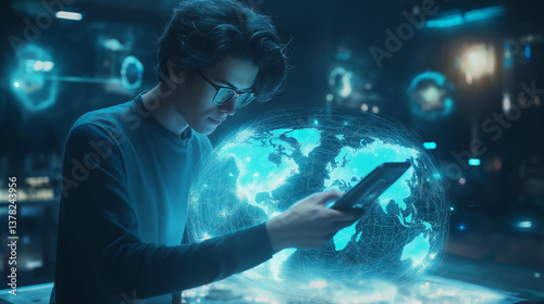 AI generator image of visually captivating futuristic business landscape featuring professional checking a holographic digital world map on mobile device,representing fintech and AI-powered globalizat