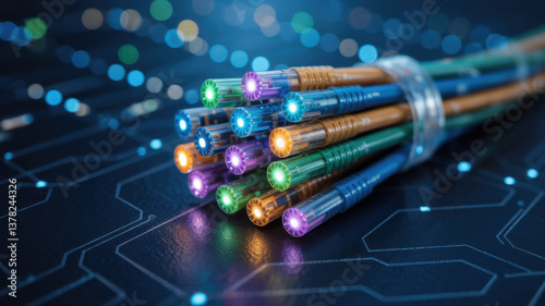 Close-up of glowing fiber optic cables for high-speed internet and data communication. Modern technology and network concept