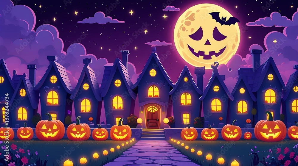 Fototapeta premium Glowing jack o lanterns lined up at night with a whimsical Halloween village scene with spooky houses, a smiling moon, and a cozy cottage in the background. Ideal for Halloween, autumn celebrations